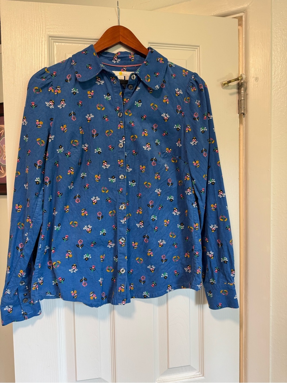 Boden Blue Corduroy Button Down Shirt with Floral Print